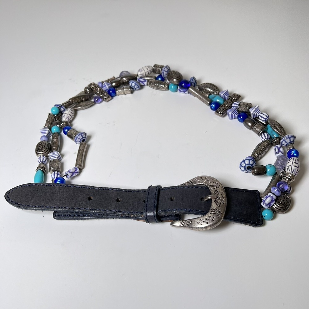 The Limited Vintage Beaded Belt Western Buckle Blue White Beads Black Silver